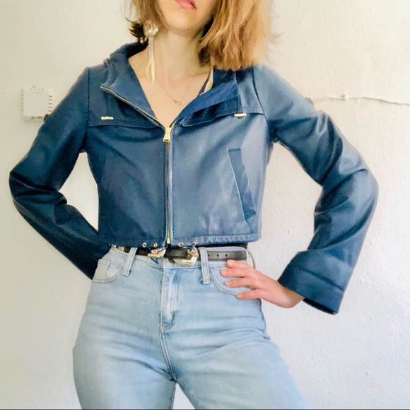 🔥SOLD🔥 Leather Blue Cropped Hoodie Jacket - Picture 4 of 14
